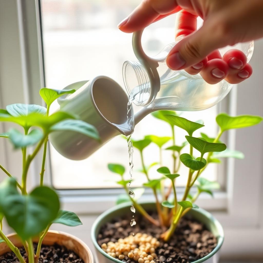 Hand watering an indoor potted plant with a small watering can water mixed with mosquito bits granules near the soil surface bright window light