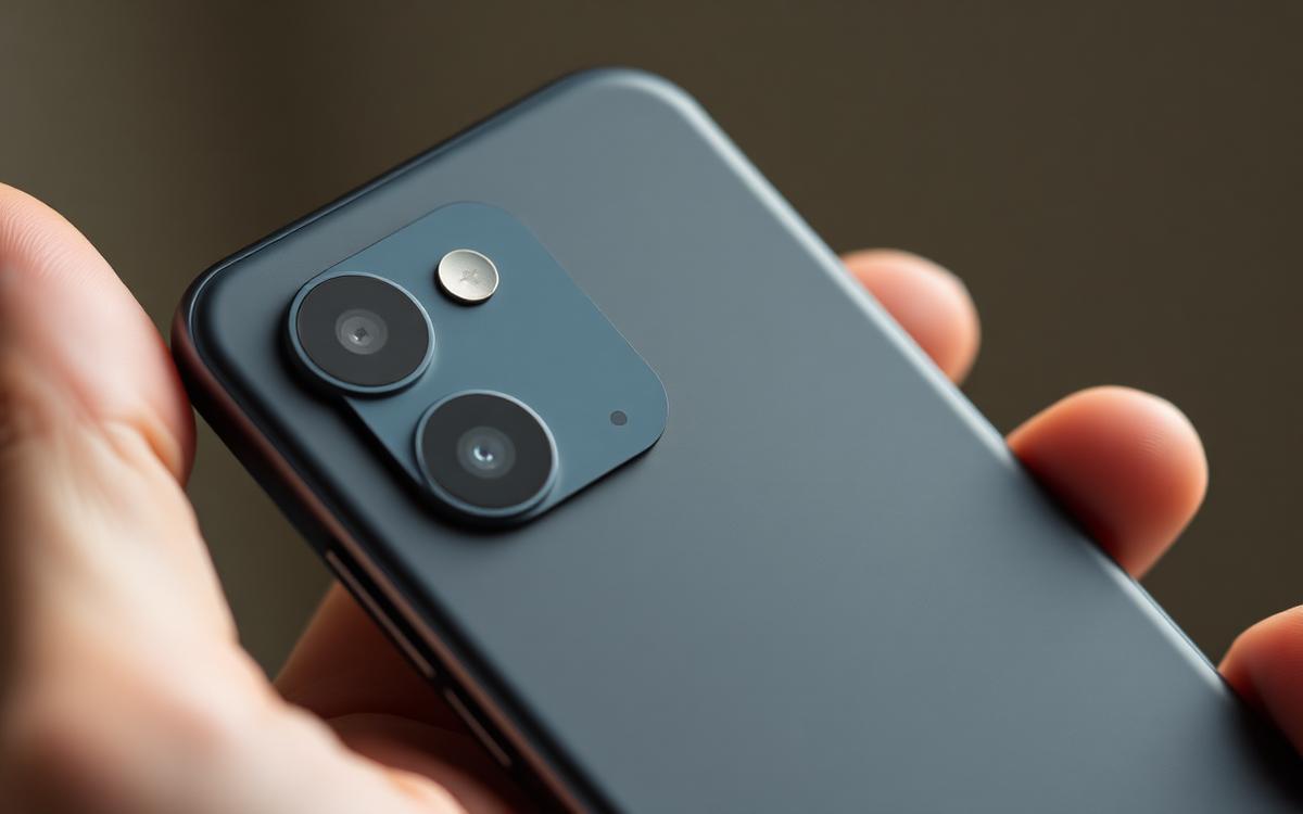 Close-up of the rear camera module on a budget smartphone held in one hand