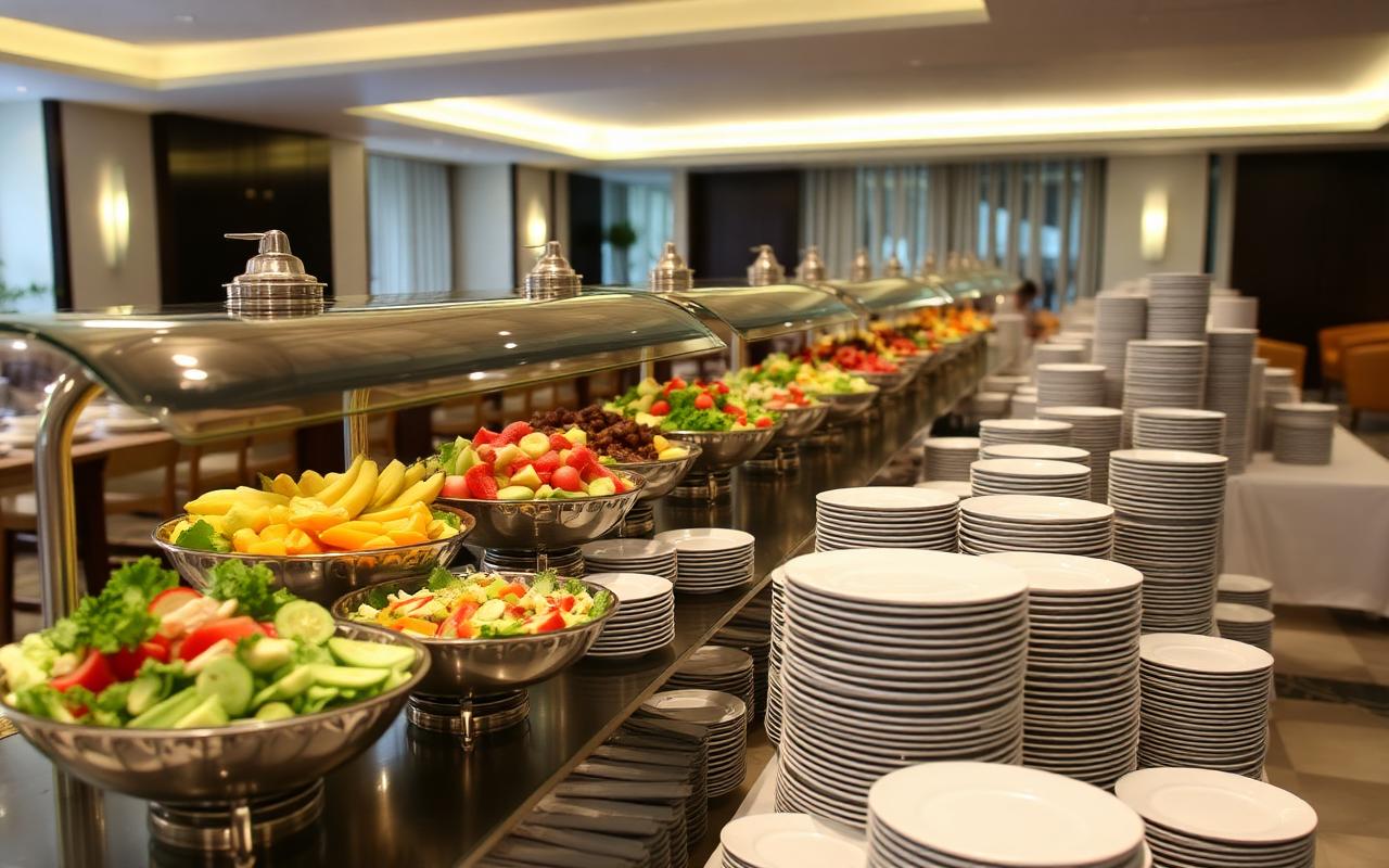 Hotel buffet table with salad bowls, fruit platters and stacks of plates