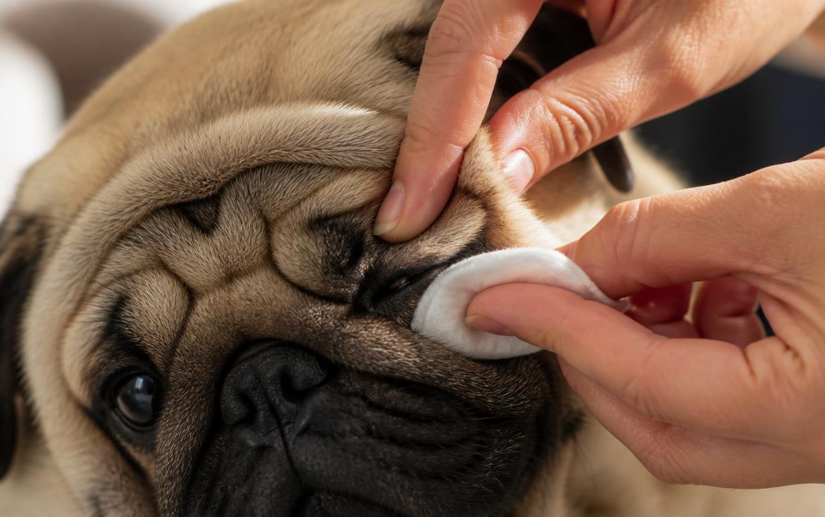 Human fingers gently spreading open a facial skin fold of a fawn Pug while wiping inside with a soft cotton pad