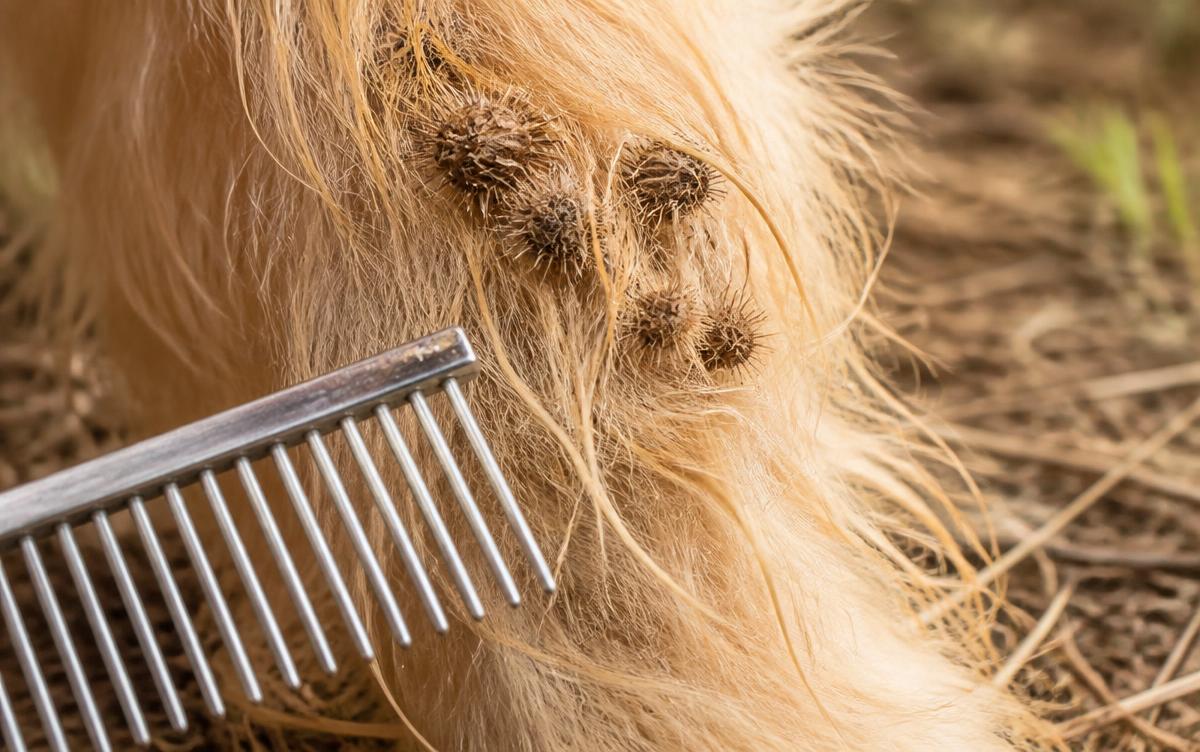 Burrs in a dog coat: dried brown burdock burrs tangled in the long feathered leg fur of a golden dog with a stainless steel wide tooth comb resting against it