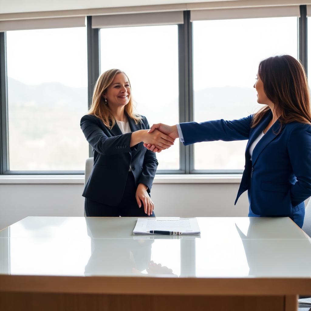 Two professionals shaking hands across an office desk with a folded document between them, marking the moment a paid survey quote turns into a signed contract