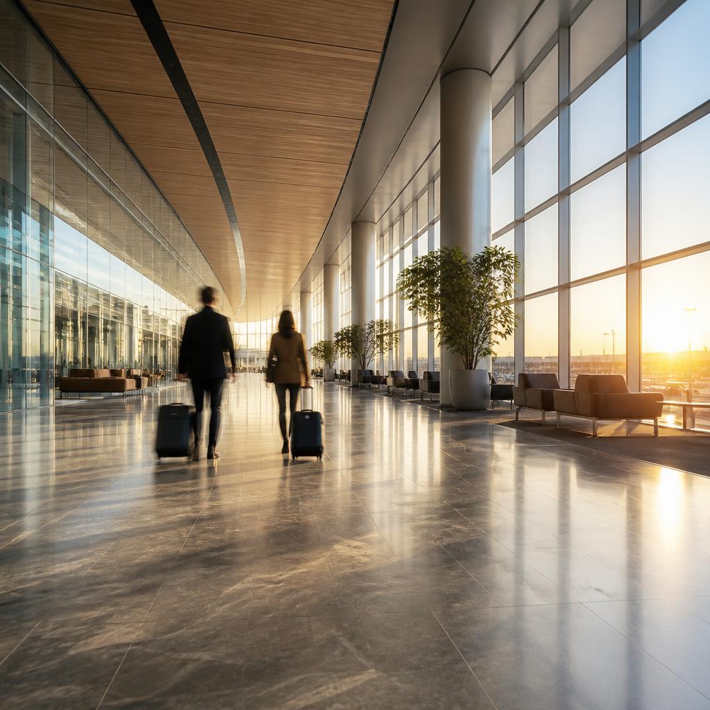 Leather briefcase and rolling carry-on suitcase by a hotel window at dawn, the classic business travel packing setup