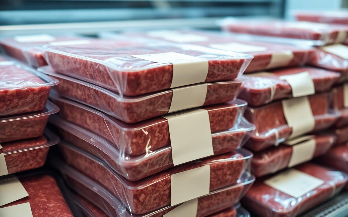 Packages of fresh ground beef stacked in a refrigerated supermarket meat case
