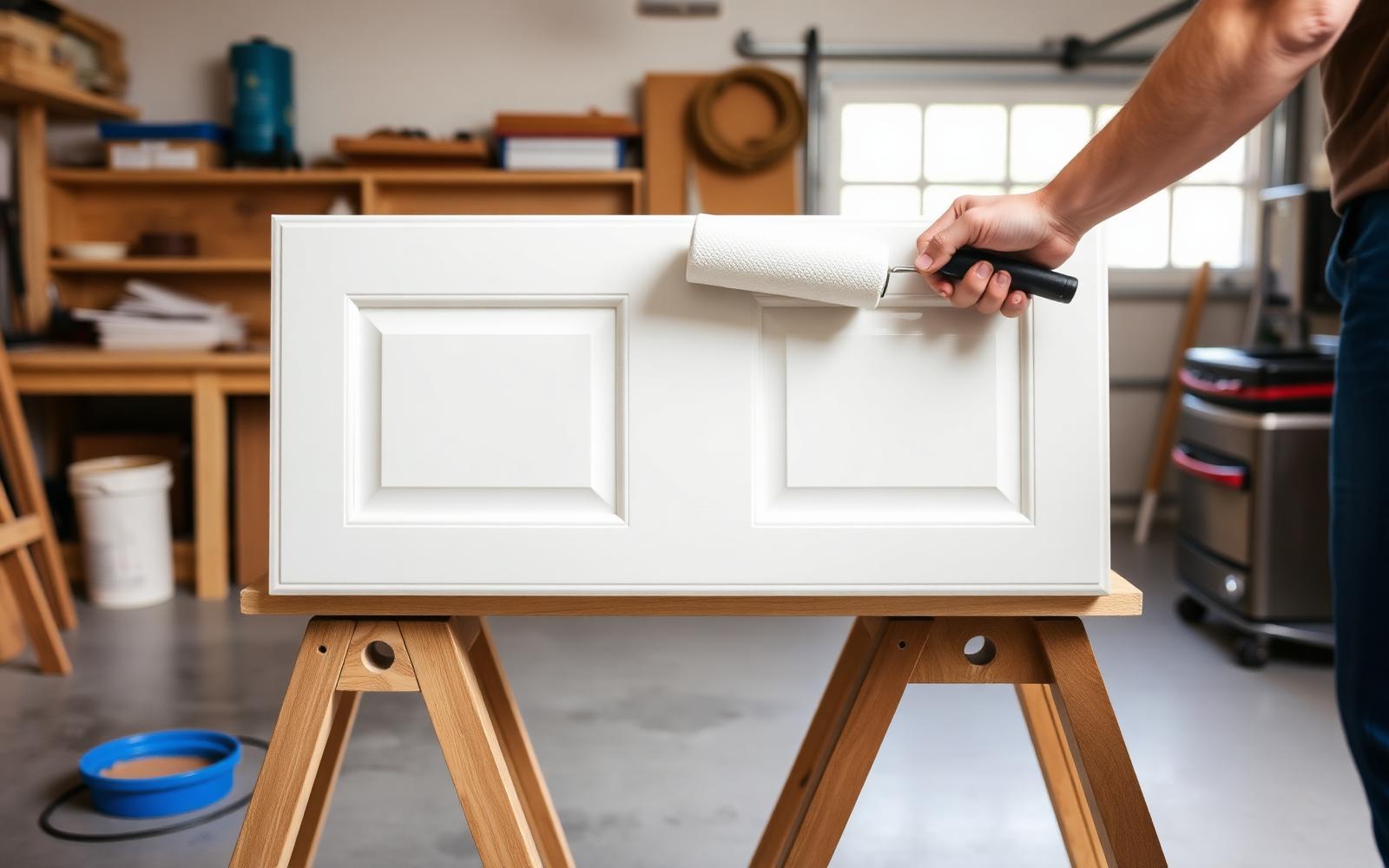 Hand applying white bonding primer with a small foam roller to a removed shaker style kitchen cabinet door on sawhorses, the foundation of a durable painted finish
