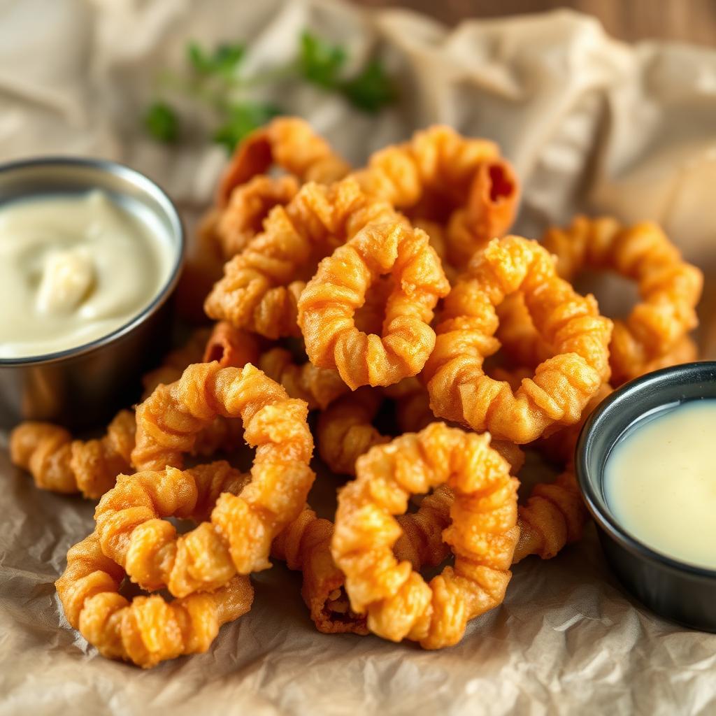 A pile of golden fried calamari rings on parchment paper with two small bowls of dipping sauce