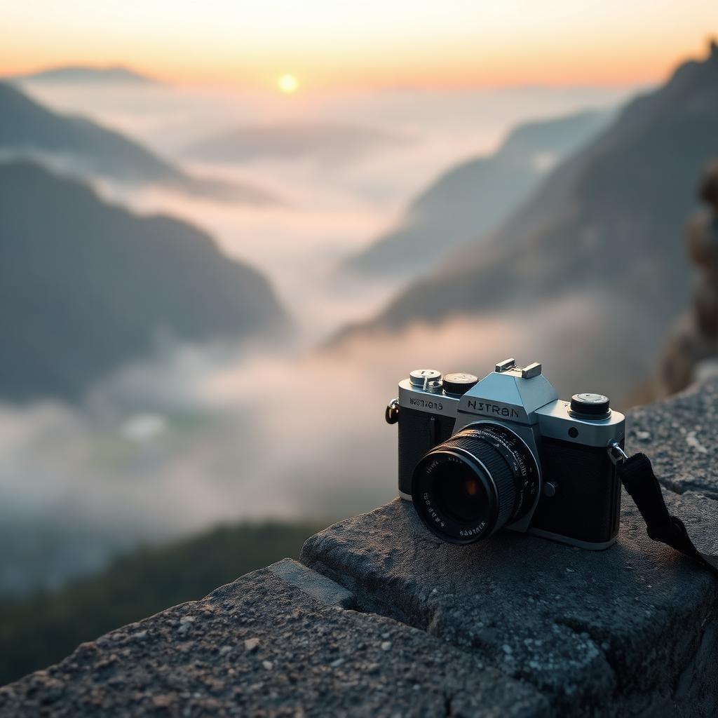 es Travel Photography Affect Your Memory: A vintage film camera resting on a stone ledge overlooking a misty mountain valley at sunrise with shallow depth of field