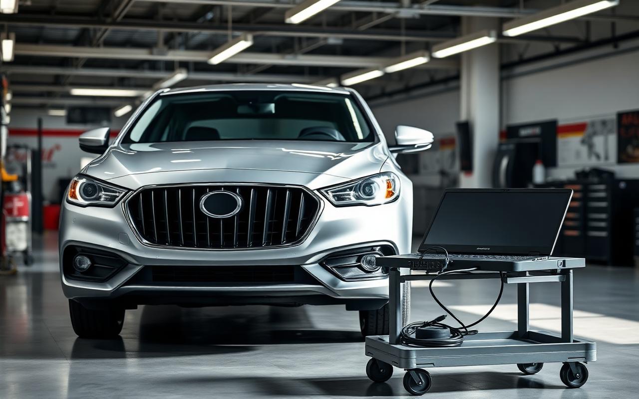 Sedan in a dealership service bay with a diagnostic laptop connected for a recall software update