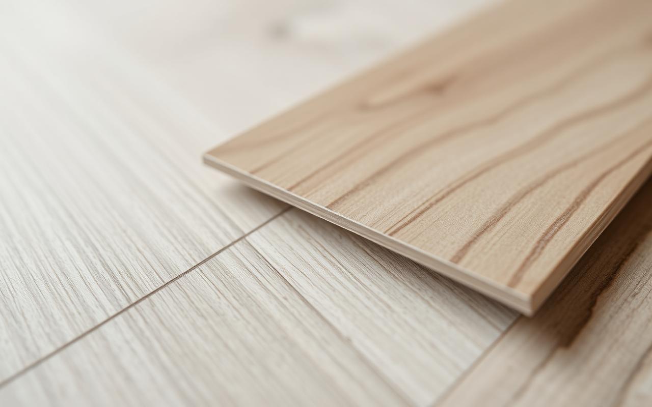 Macro close-up of a luxury vinyl plank showing the thin printed wood-look film and clear wear layer that cannot be refinished