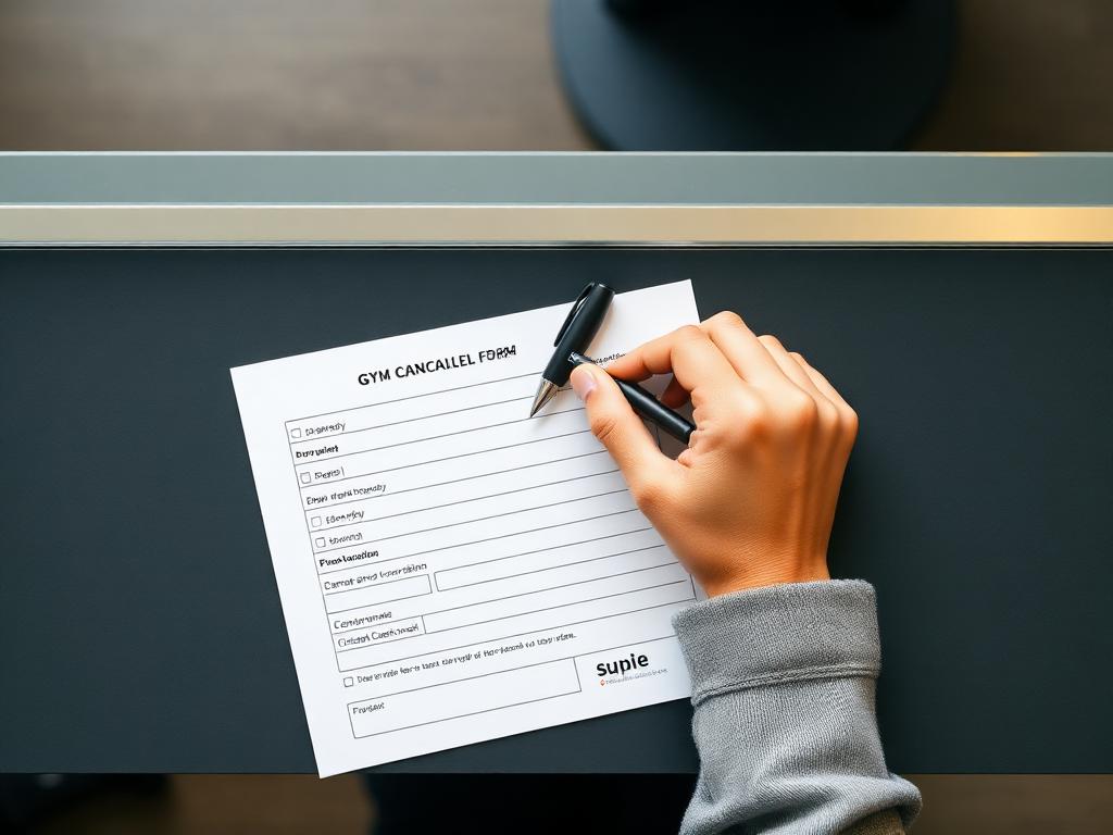 Hand signing a gym cancellation form at a reception desk