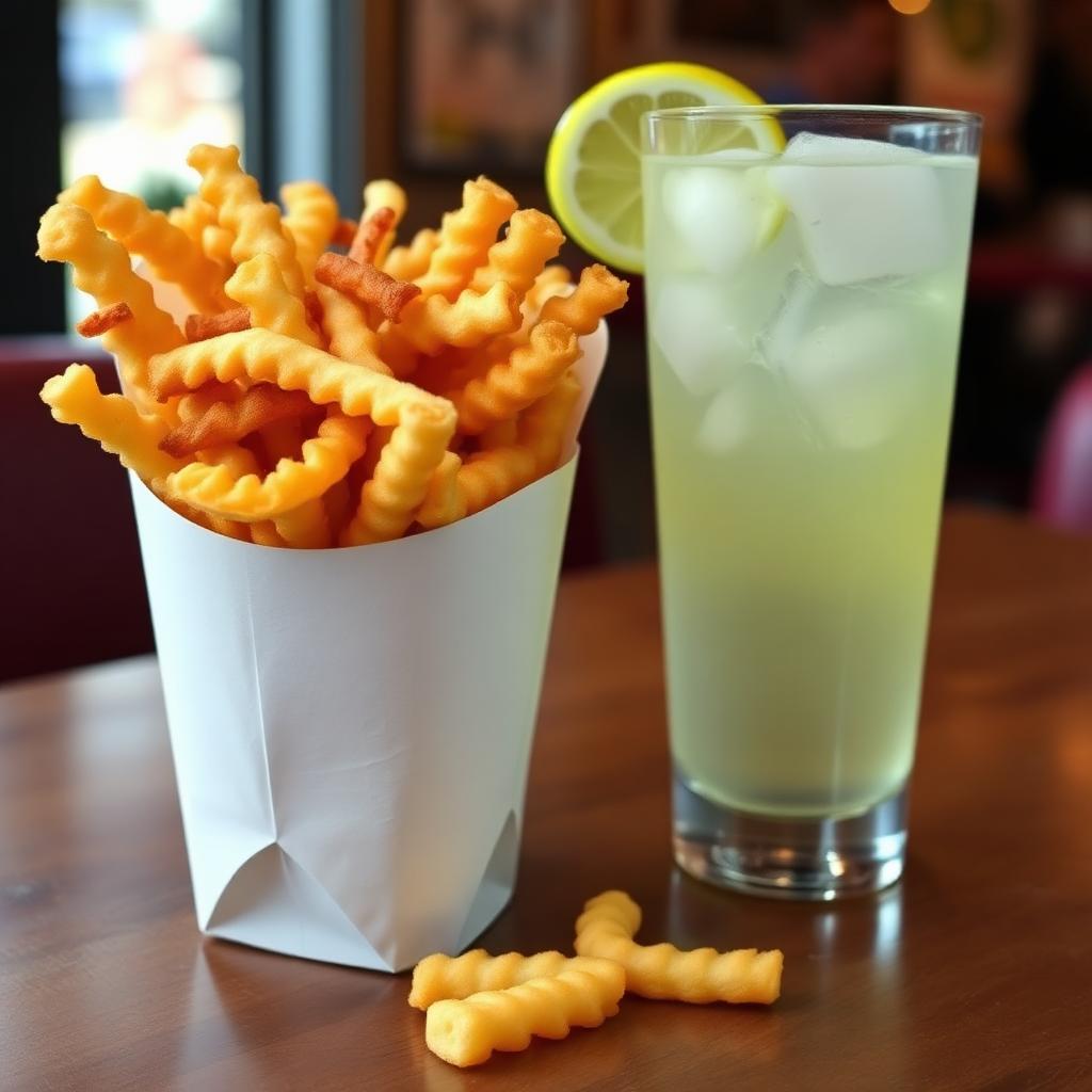 Crinkle cut fries in a paper cup beside a tall glass of lemonade with ice and lemon slice