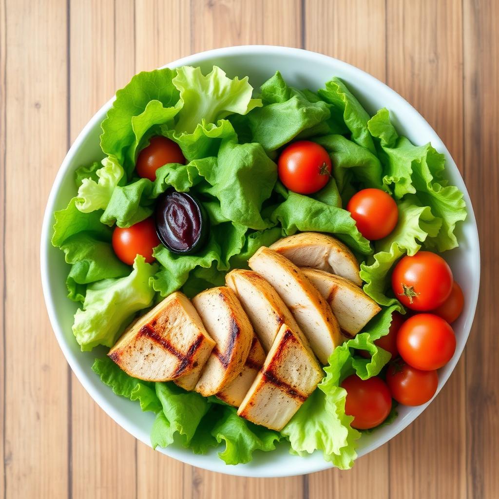 Garden salad with grilled chicken strips, cherry tomatoes and lettuce in a white bowl