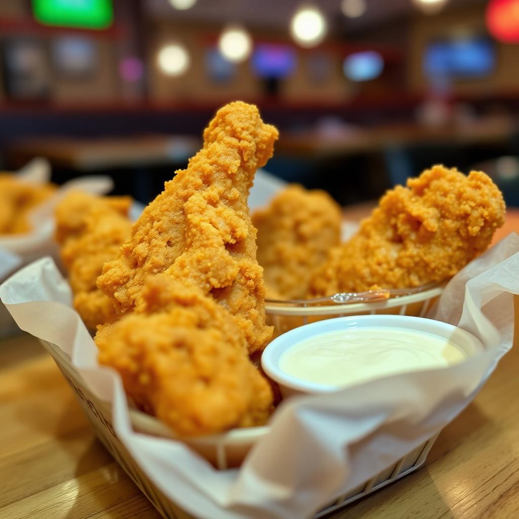 Golden crispy fried chicken tenders in a wax paper basket with creamy dipping sauce