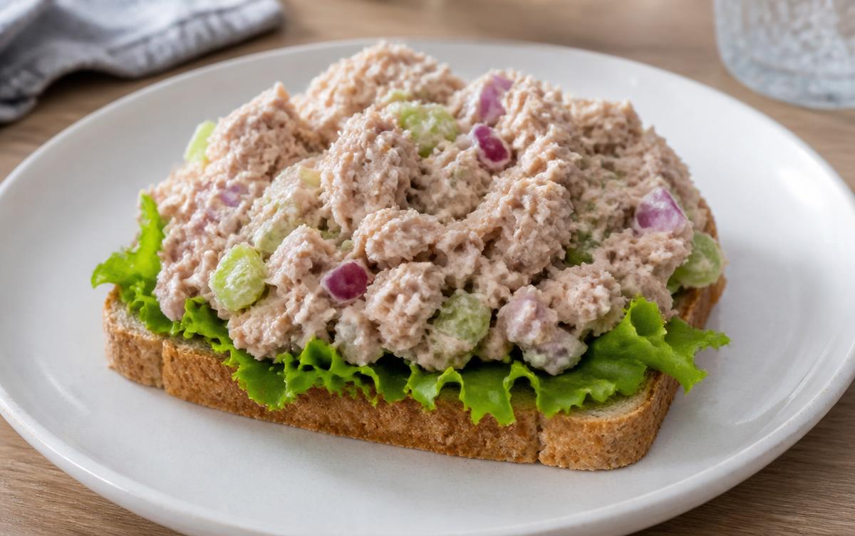 Open tuna salad sandwich on wholemeal toast with flaked canned tuna, celery and red onion on a white plate