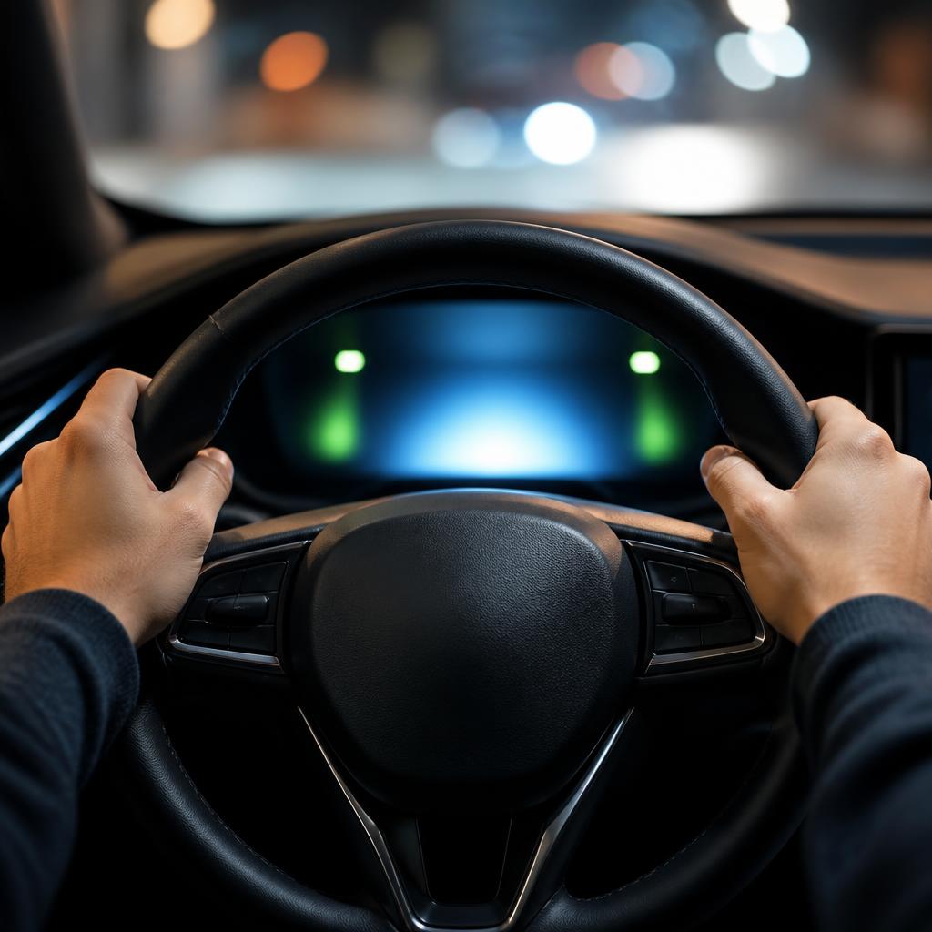 A driver POV view of a steering wheel and digital car dashboard with abstract glowing speedometer