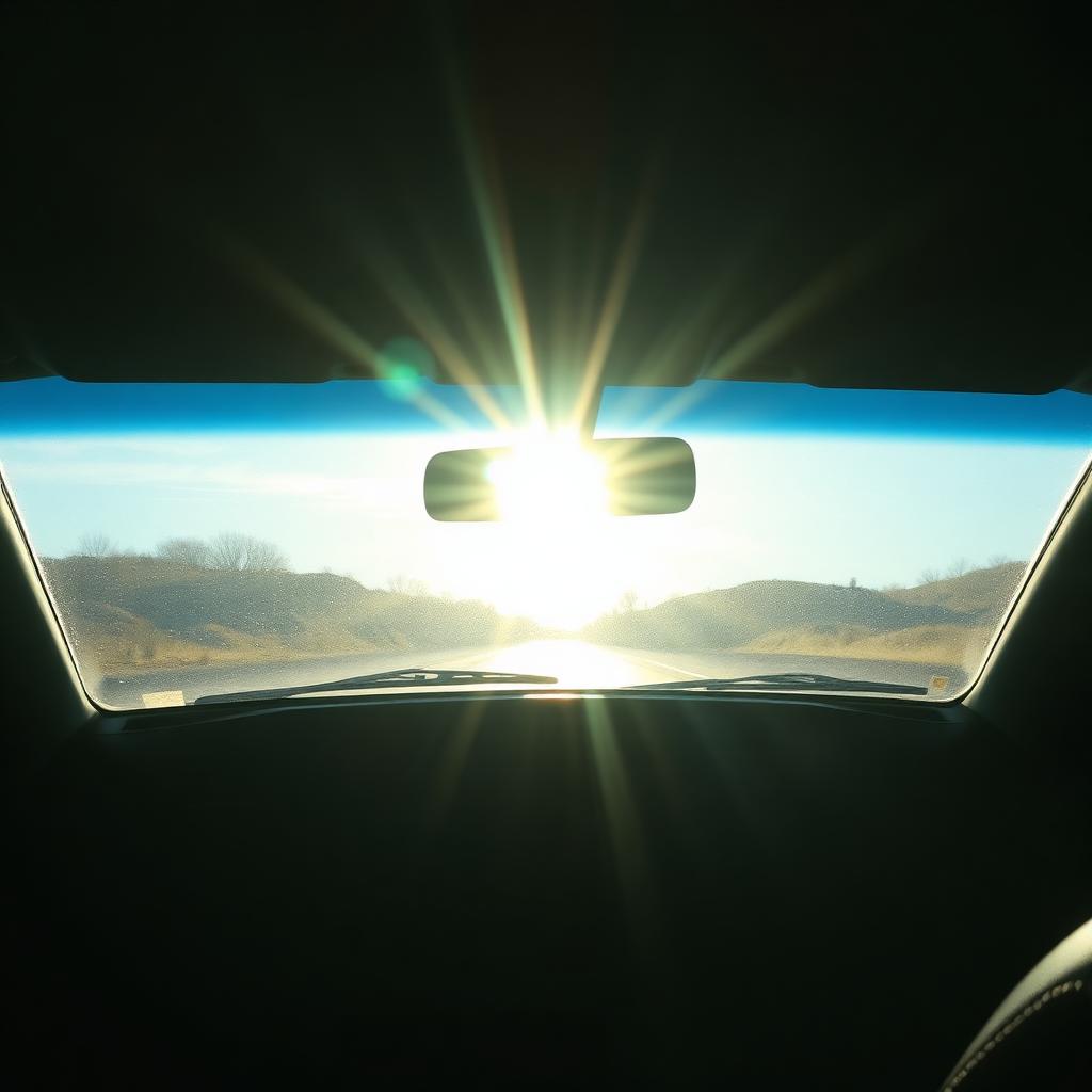 Sunlight glaring through a car windshield onto the dashboard, illustrating how heat builds inside parked vehicles