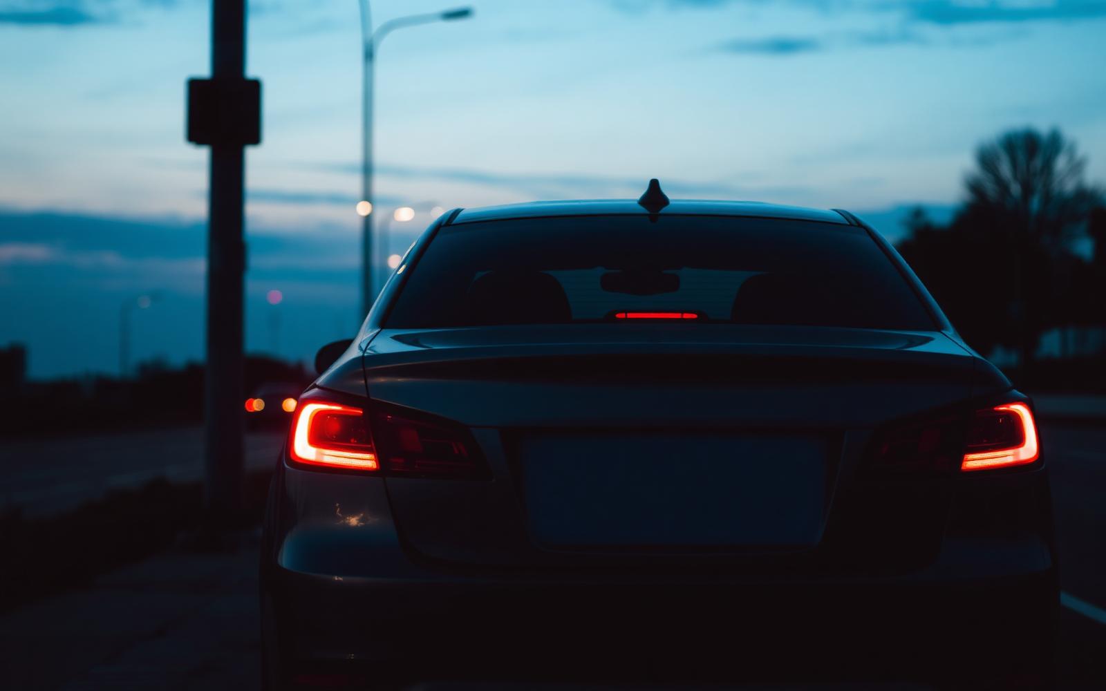 Car driving past a roadside automated license plate reader camera pole at dusk