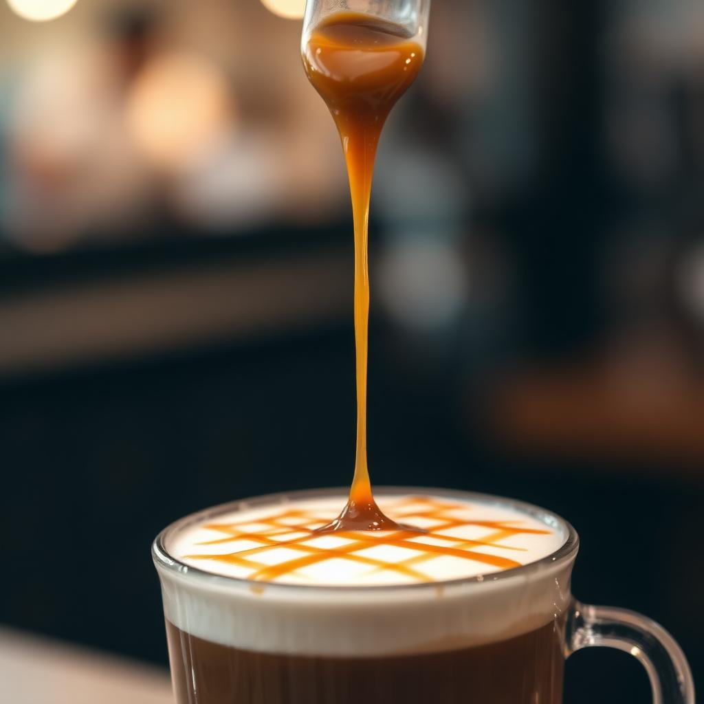 Thick caramel sauce being drizzled in a cross-hatch grid pattern over the white milk foam of a copycat caramel macchiato