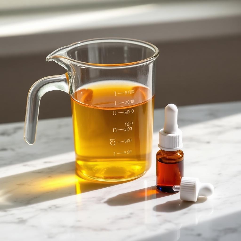 A glass measuring beaker holding clear golden carrier oil next to a small amber dropper bottle on a sunlit marble surface, soft natural daylight.
