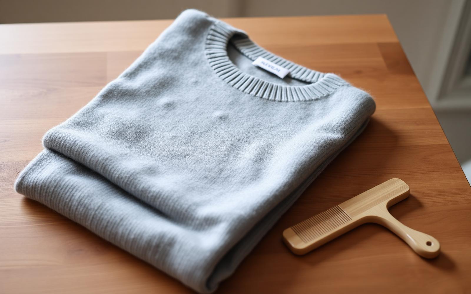 Folded grey cashmere sweater on a wooden table with a sweater stone and a wooden lint comb beside it, used for removing pilling from clothes
