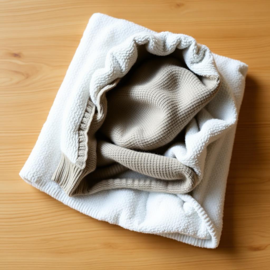 A damp folded cashmere sweater being rolled up inside a clean white bath towel on a wooden surface to gently absorb water before air drying