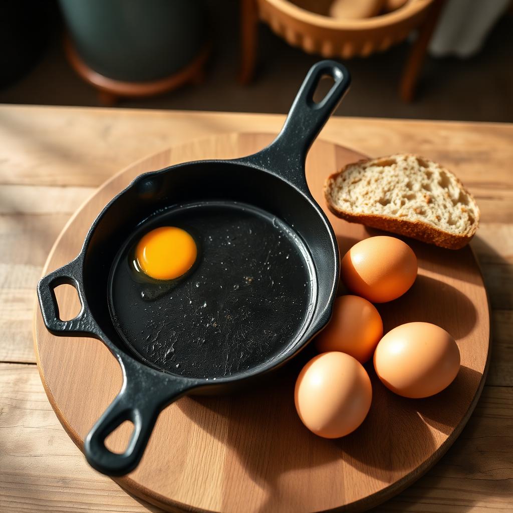 Overhead view of a well seasoned black cast iron skillet with a cracked egg cooking inside, brown eggs and a slice of rustic bread beside the skillet on a wooden board