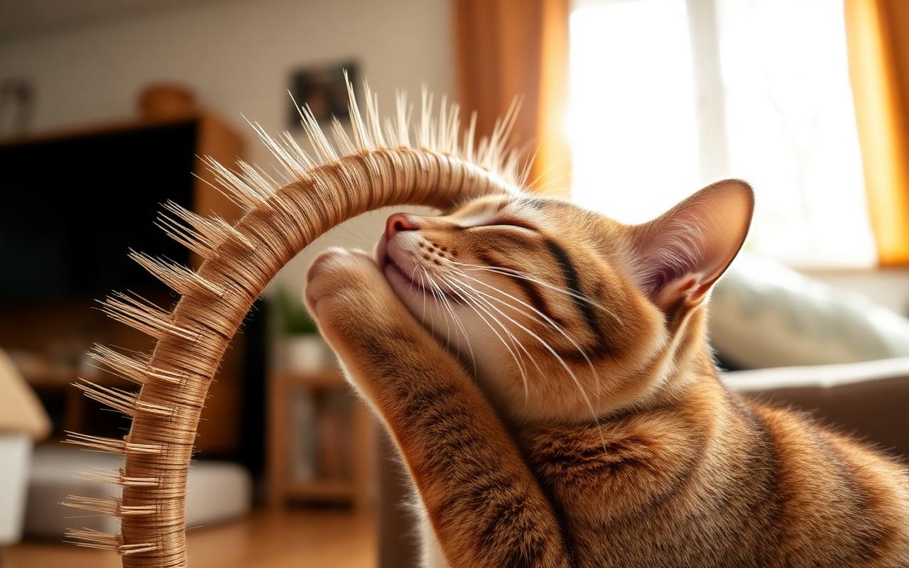 Orange tabby cat rubbing cheek and chin against the soft bristles of a self grooming arch in a cozy home living room