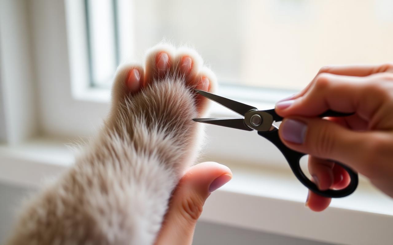 Human hand gently pressing a cat paw pad to extend one claw for trimming with a small scissor style clipper