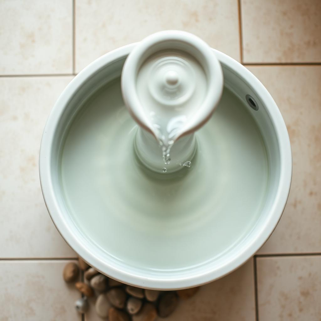 Overhead view of a ceramic cat water fountain with clean water streaming down into a shallow round bowl on a kitchen tile floor