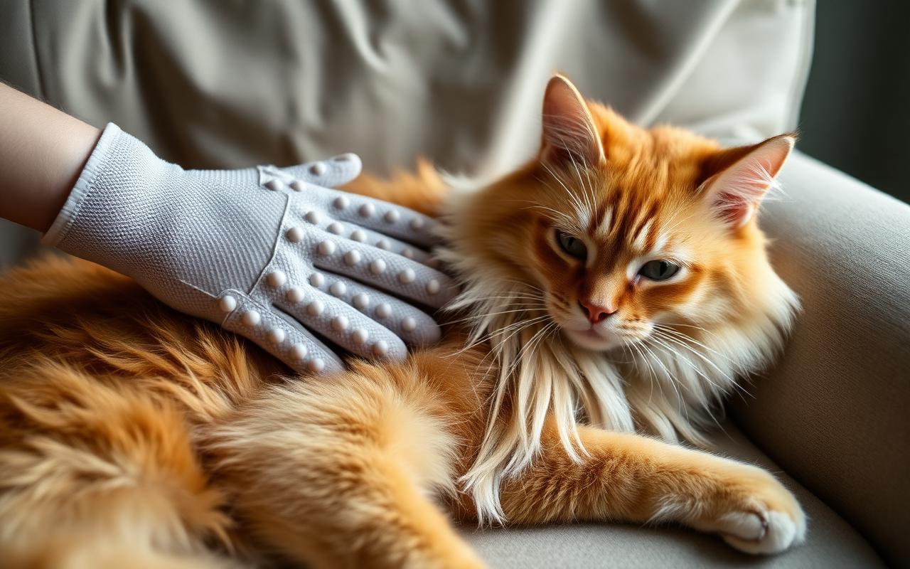 Person wearing a silicone grooming glove stroking a relaxed orange tabby cat on a couch as loose fur collects on the nubs