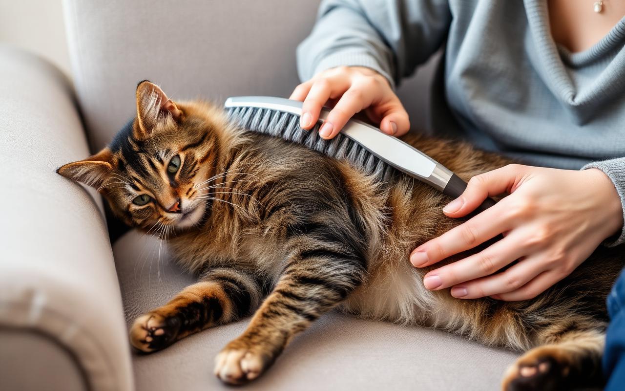 Owner brushing a relaxed tabby cat on a couch and lifting out loose undercoat fur with a fine steel brush in soft daylight