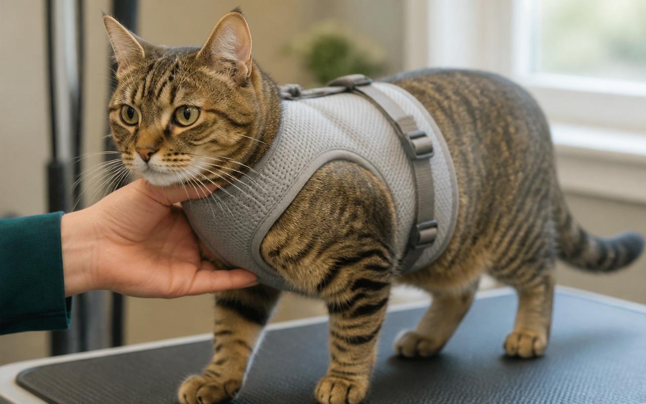 A calm brown tabby cat suspended in a soft grey mesh grooming hammock just above a padded table while a person carefully trims a front claw with small clippers