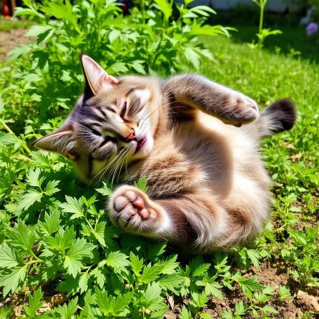 A grey tabby cat rolling joyfully on a patch of fresh catnip leaves in a sunny garden bed.