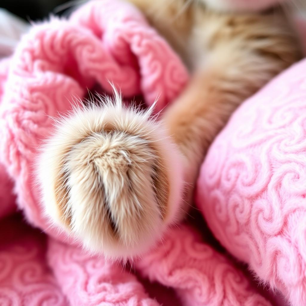 Extreme close up of a cat paw pressing into a soft pink blanket