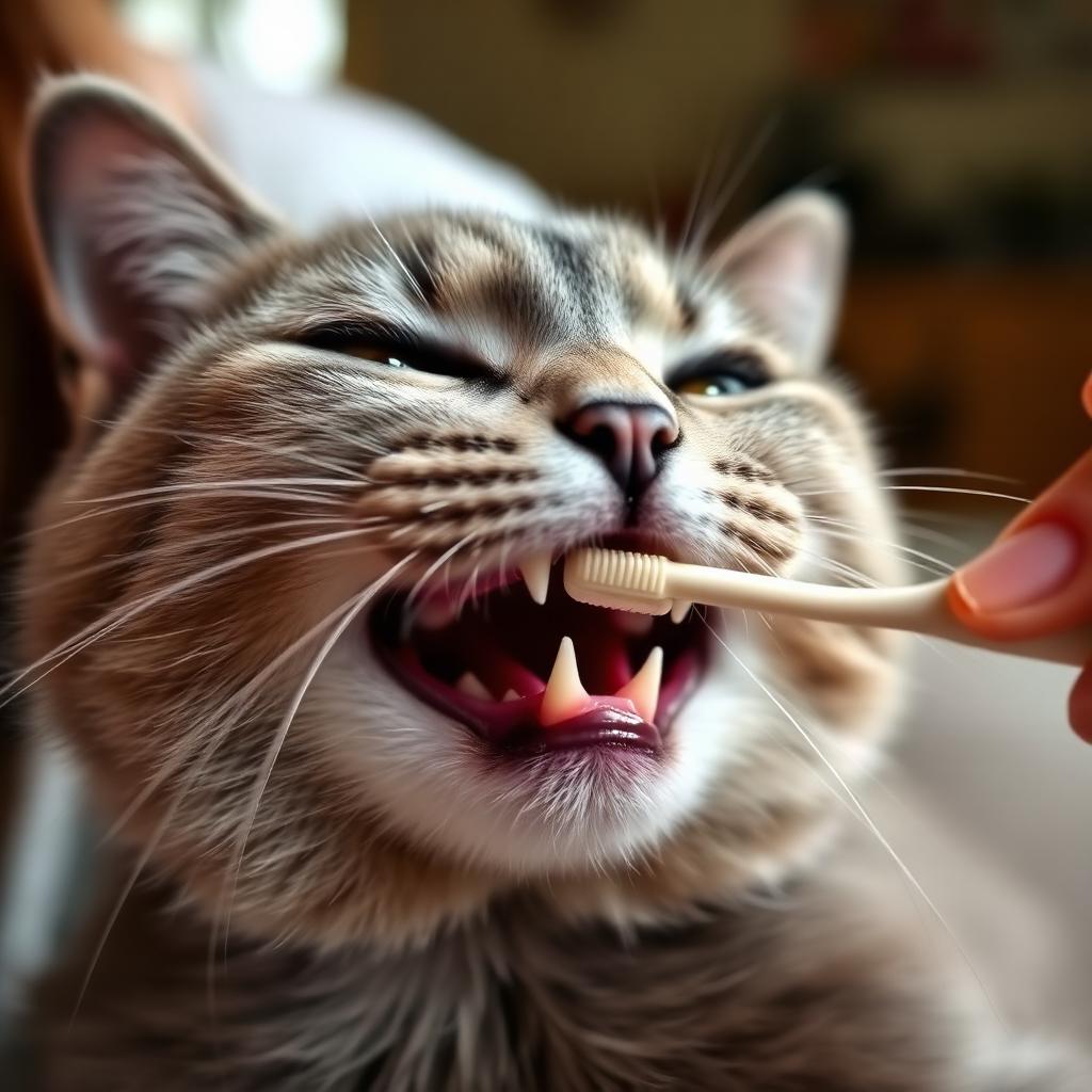 Close up of a hand gently brushing the small white teeth of a calm grey cat using a soft angled pet toothbrush in warm indoor light