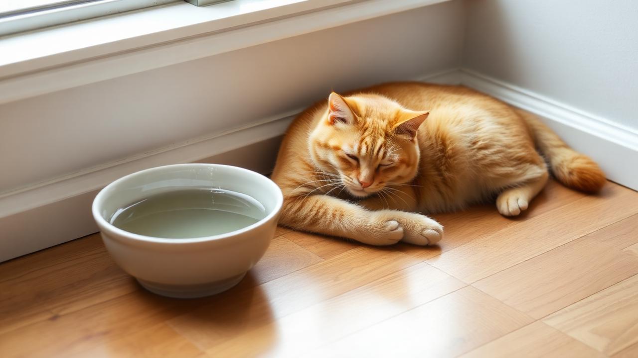 Ceramic water bowl beside a relaxed orange cat on a wood floor by a window