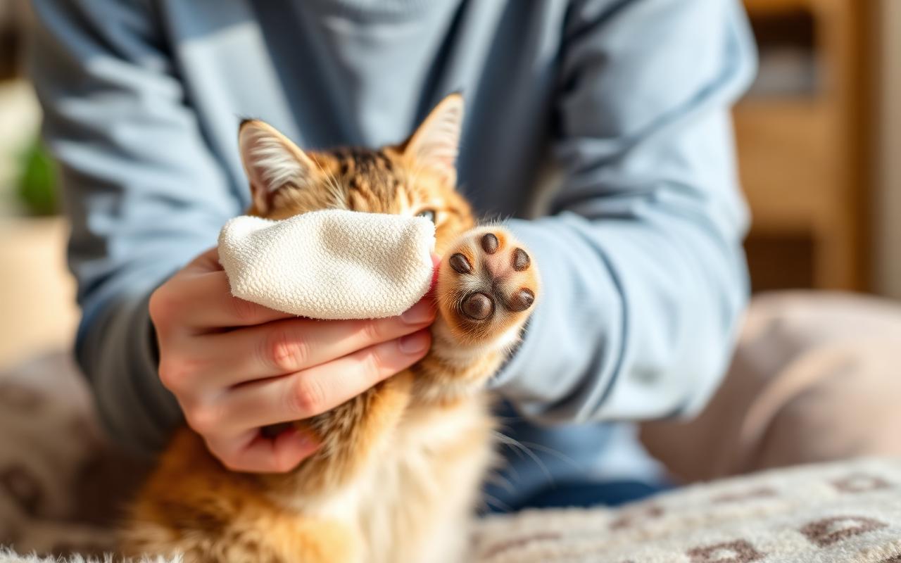 Owner gently wiping a cat paw with a soft grooming wipe in warm home light while the cat calmly cooperates