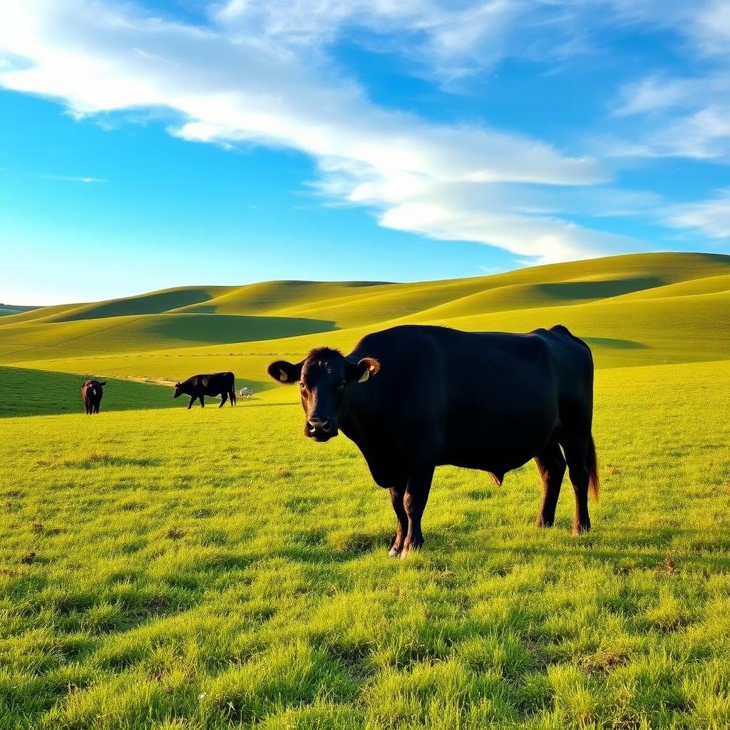 es the JBS Plant Closure Mean for the US Meat Supply: Black angus cattle grazing in a green pasture with rolling hills and a clear blue sky