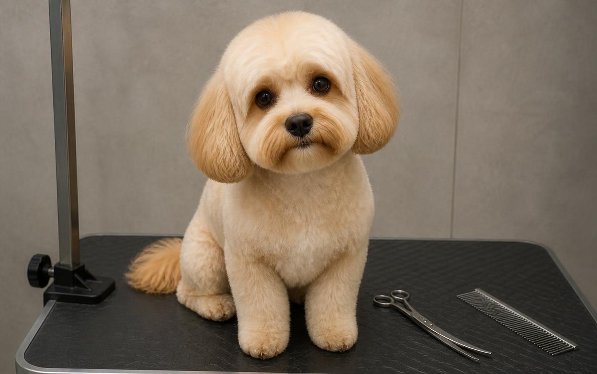 Grooming a Cavapoo face: a cream apricot Cavapoo with a freshly trimmed rounded face sitting on a grooming table beside curved grooming shears and a comb