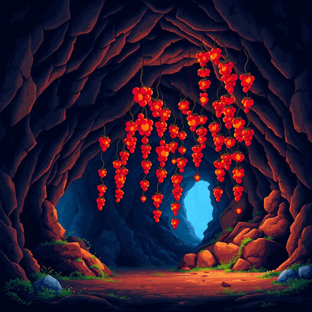 You Plant Glow Berries in Minecraft: Pixel art underground cave with glowing orange berry vines hanging from stone ceiling