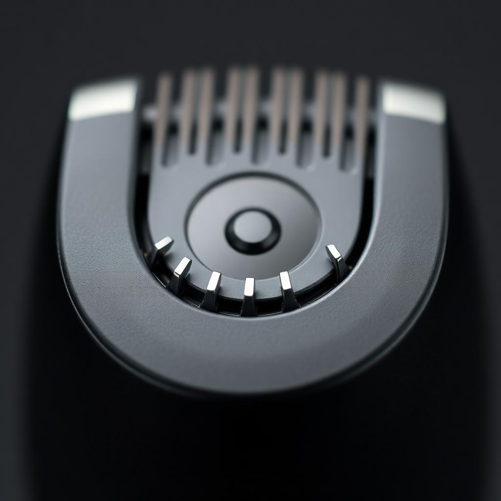 Extreme close-up of the ceramic blade head of a matte black body trimmer showing small guard teeth and rounded polished tips on a dark background