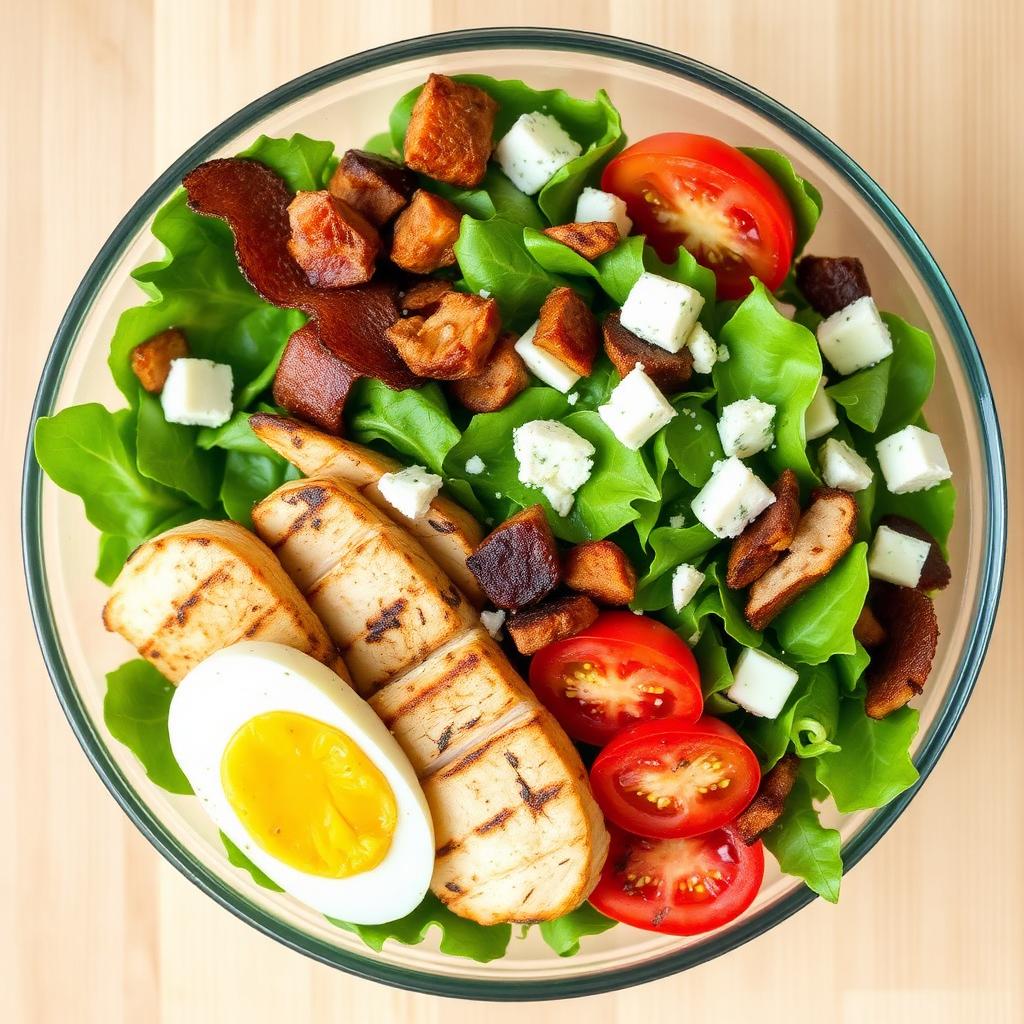 the Chick-fil-A Nutrition Facts: Grilled chicken cobb salad with egg, bacon, tomato and blue cheese in a clear bowl