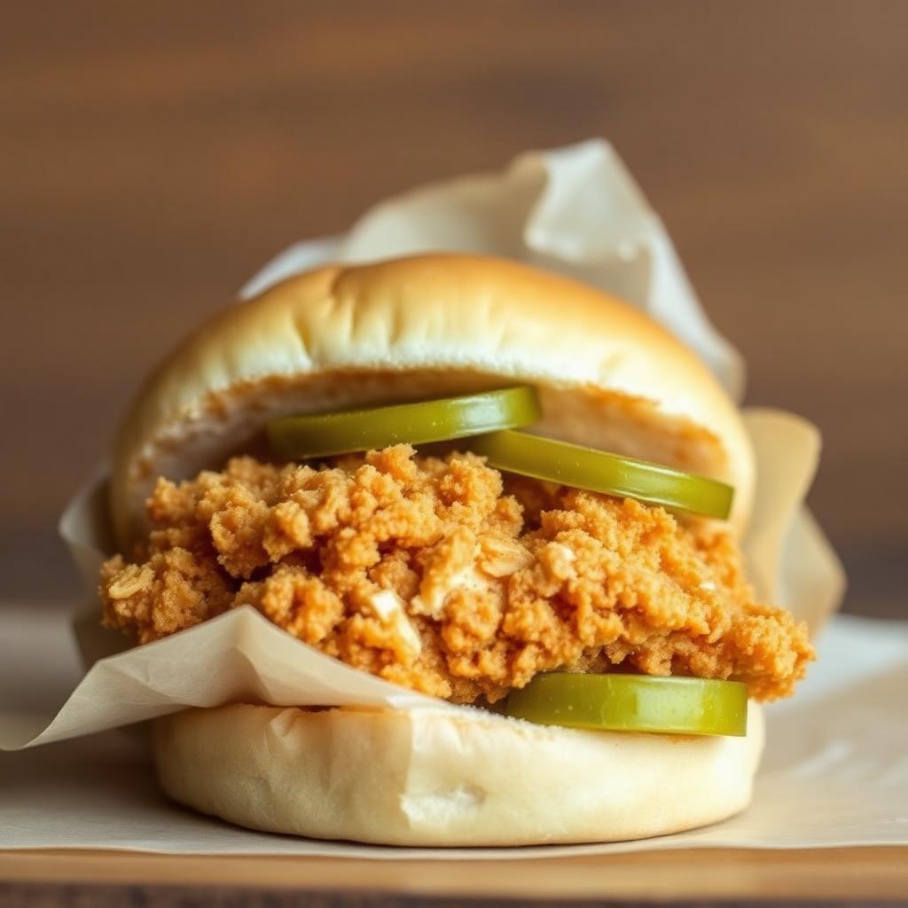 the Chick-fil-A Nutrition Facts: Crispy fried chicken sandwich with pickles on a toasted bun