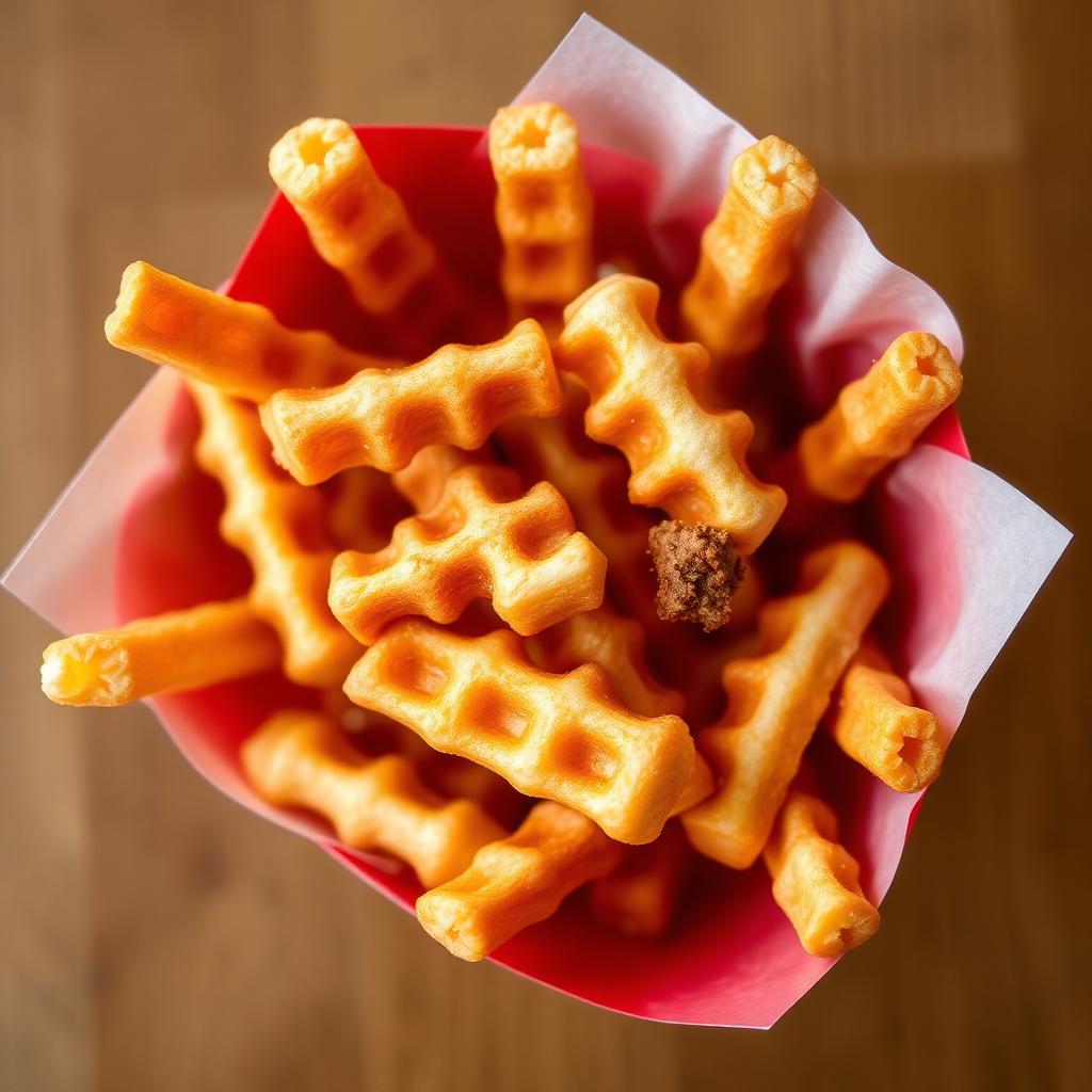 the Chick-fil-A Nutrition Facts: Waffle cut fries in a red paper container, top down food photography