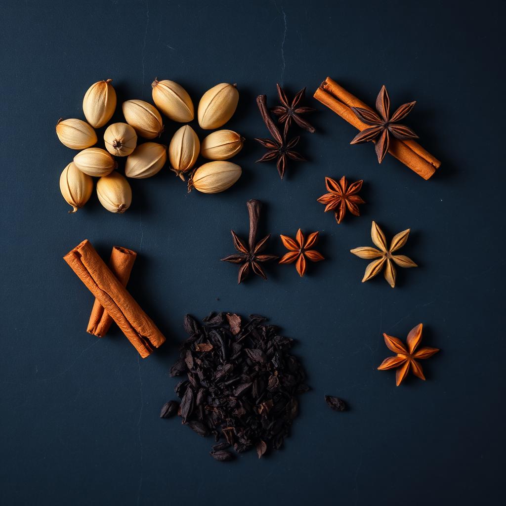 Overhead flatlay of whole cardamom pods, cinnamon sticks, cloves, star anise, and a pile of loose black tea leaves on a dark slate surface