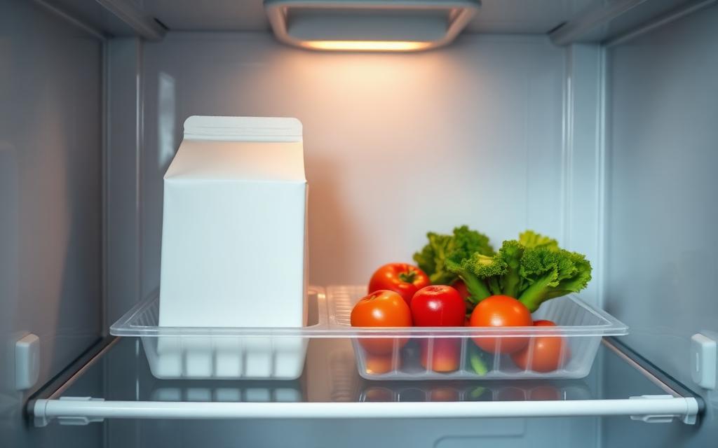Sealed food tray and milk carton on a fridge shelf stored within their use by dates