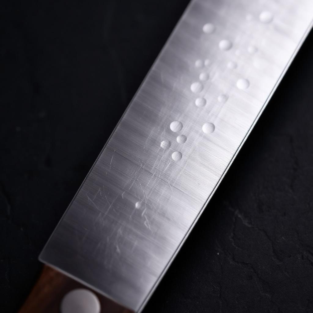 Close up of a sharp chef knife blade edge with fine hammered pattern