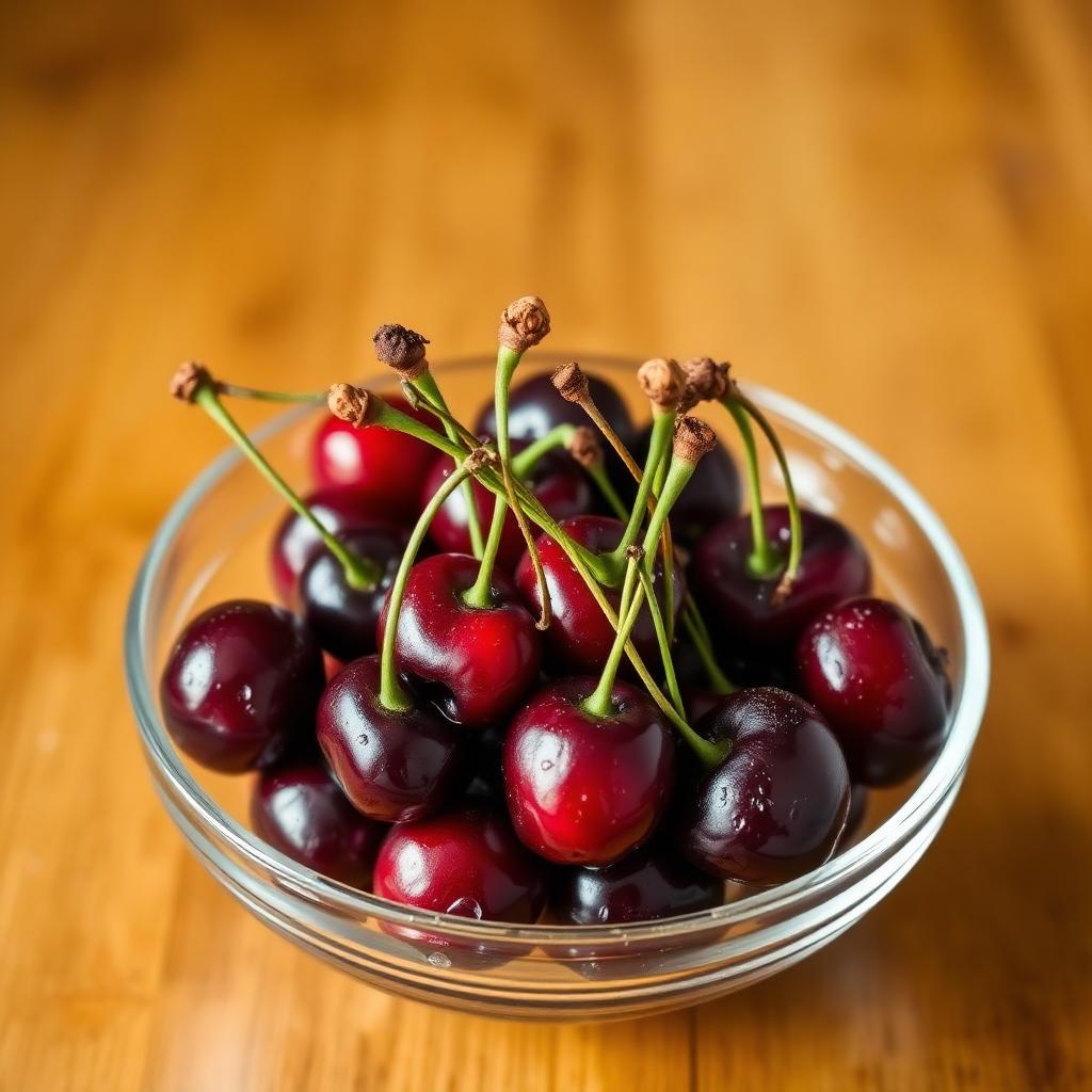 the Cherry Nutrition Facts: Glass bowl of fresh dark red cherries with stems on a wooden table