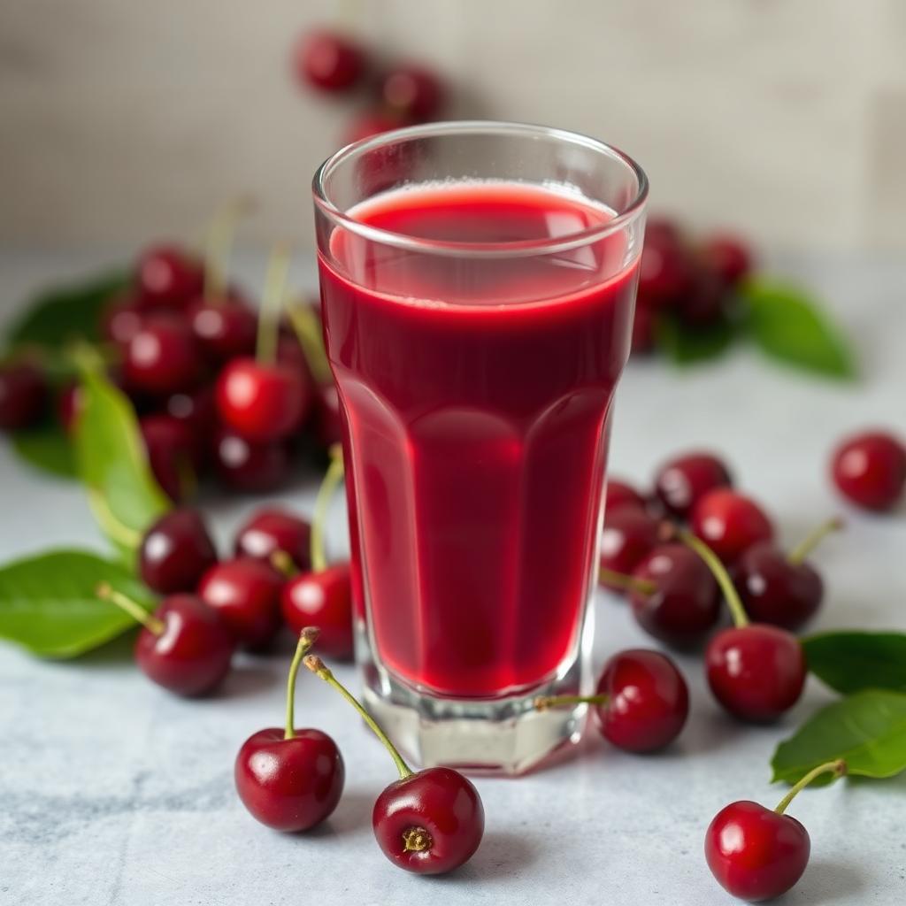 Ruby red tart cherry juice in a clear glass with fresh cherries scattered around
