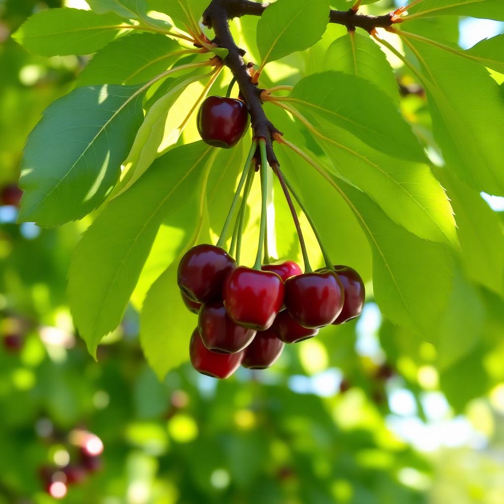 the Cherry Nutrition Facts: Cherries hanging on a tree branch with green leaves and dappled sunlight